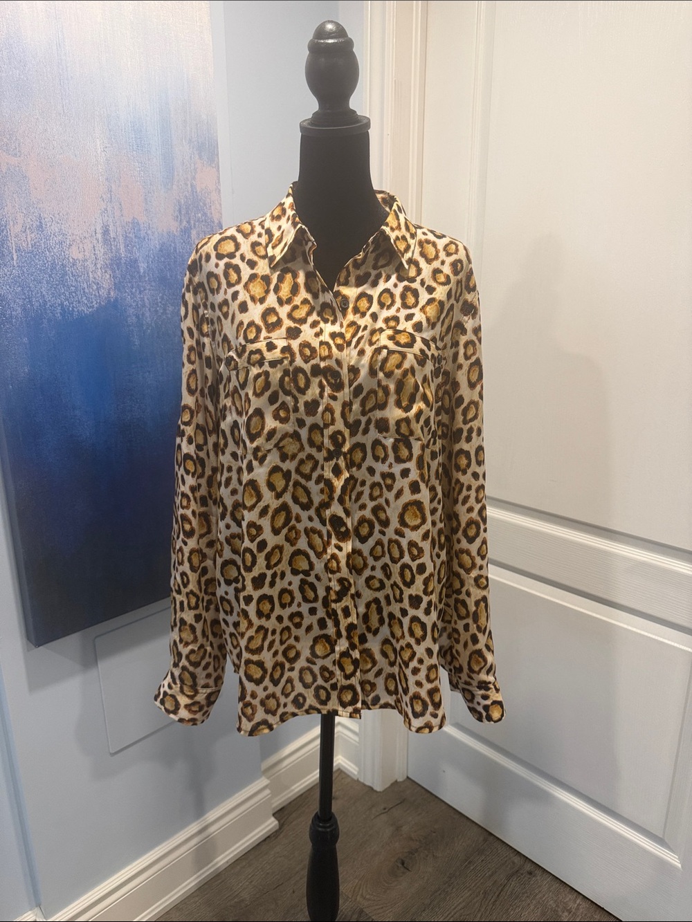 Jones New York Leopard Print Button-Up Blouse in Tan, Brown, Black